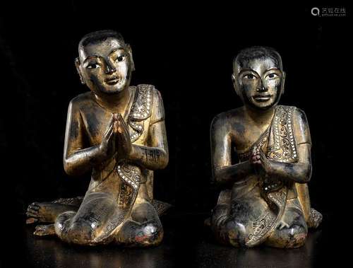 A PAIR OF GLASS INLAID LACQUERED WOOD MONKS  
Burma, 19th-20...