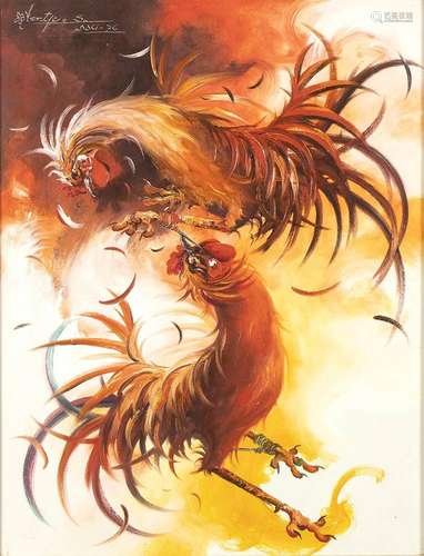 A COLOURS ON CANVAS PAINTING WITH ROOSTERS  FIGHTING
Bali, U...