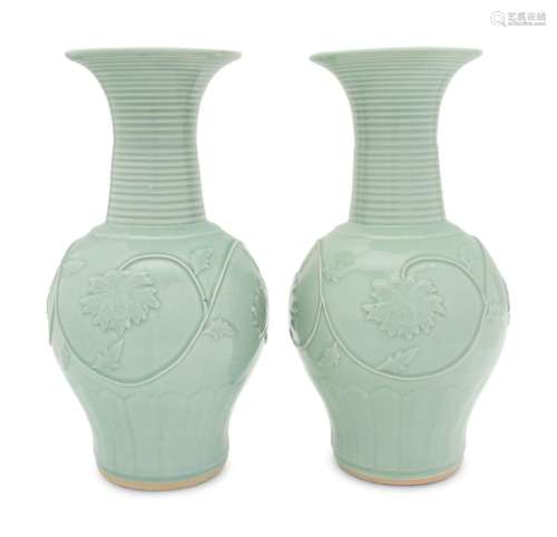 A Pair of Chinese Longquan-Style Celadon Glazed Porcelain Va...