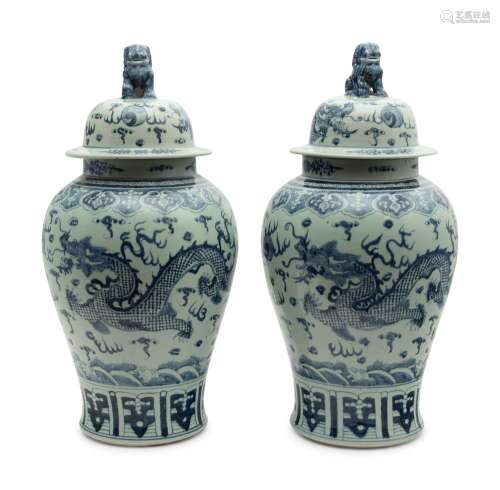 A Large Pair of Chinese Blue and White Porcelain Covered Jar...
