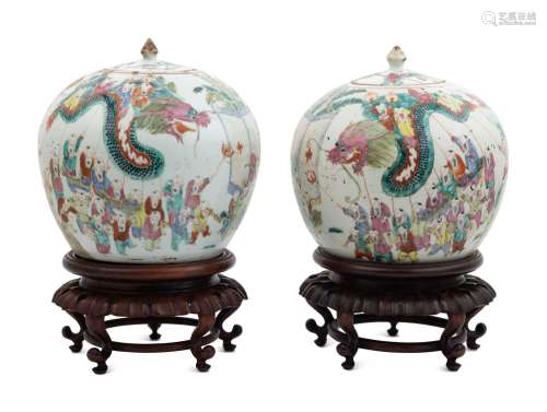 A Pair of Chinese Famille Rose Porcelain Covered Ginger Jars