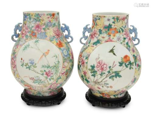A Pair of Chinese Famille Rose Porcelain Hu-Form Vases