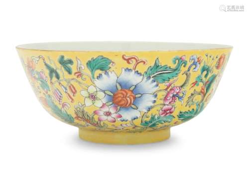 A Chinese Yellow Ground Famille Rose Porcelain Bowl
