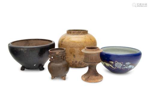 Five Chinese Monochrome Glazed Porcelain and Stoneware Vesse...