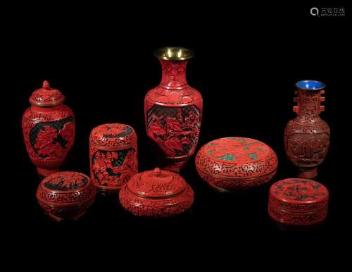 Eight Chinese Carved Red Lacquered Vessels 