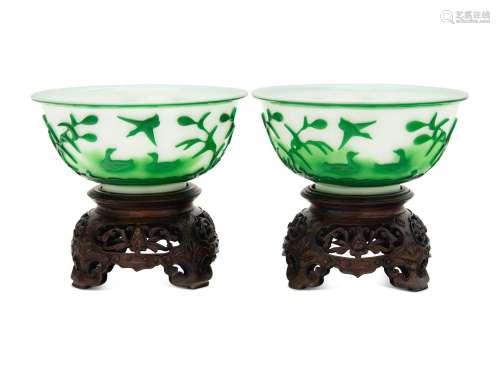 A Pair of Chinese Green Overlay White Peking Glass Bowls