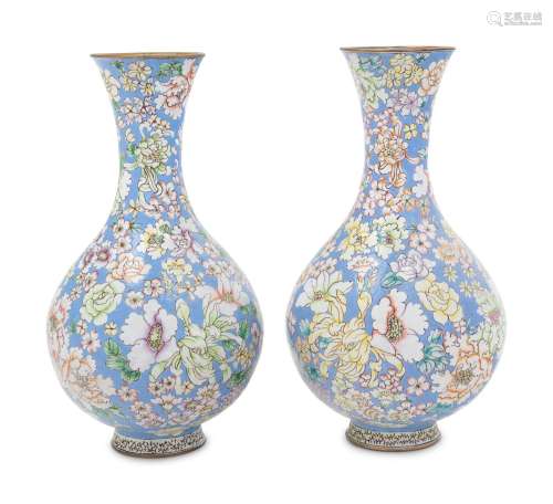 A Pair of Chinese Canton Enamel on Copper Bottles Vases