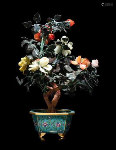 A Chinese Hardstone Peony Tree in A Cloisonné Enamel Jardini...