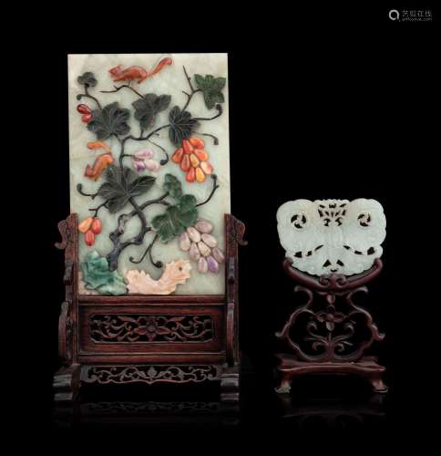 Two Chinese Jade and Hardstone Inset Table Screens