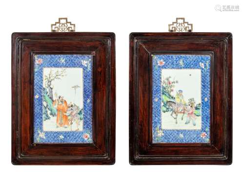A Pair of Chinese Famille Rose Porcelain Plaque Inset Hangin...