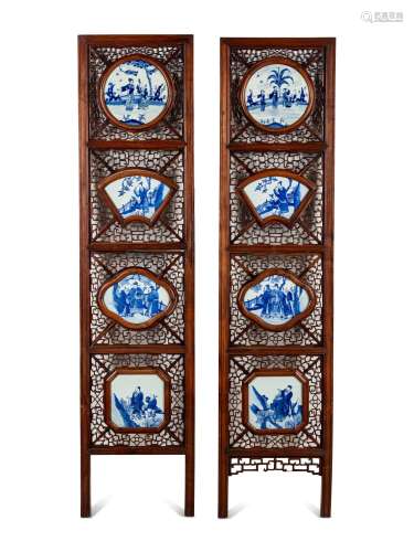 A Pair of Chinese Blue and White Porcelain Inset Hardwood Pa...