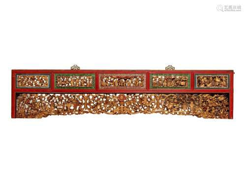 A Large Chinese Gilt and Red Lacquered Wood Panel