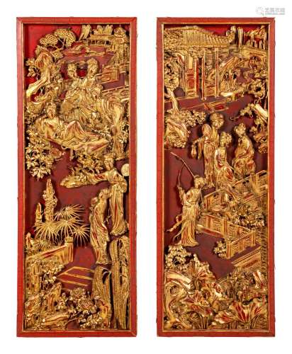 A Pair of Chinese Gilt and Red Lacquered Wood Panels 