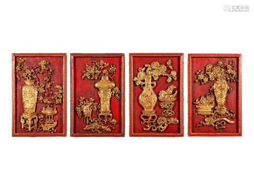 A Set of Four Chinese Gilt and Red Lacquered Wood 'Four Seas...
