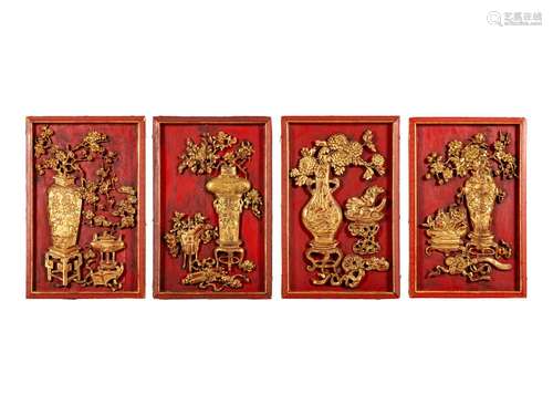 A Set of Four Chinese Gilt and Red Lacquered Wood 'Four Seas...