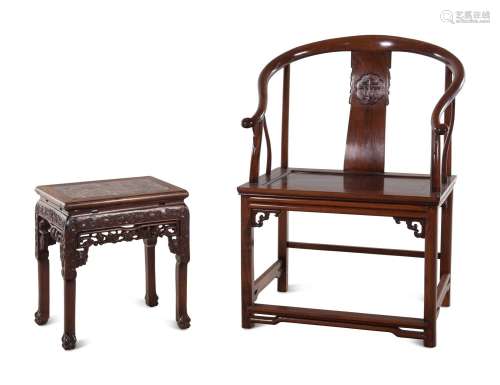 A Chinese Hardwood Armchair and a Marble Inset Hardwood Side...