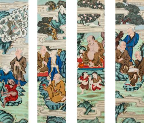 A Set of Four Chinese Export Paintings of Luohans