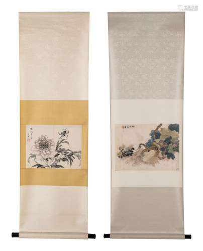 Two Chinese Hanging Scrolls Depicting Flowers and Plants