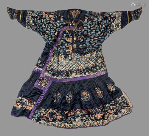 A Chinese Navy Blue Ground Embroidered Silk Court Robe, Chao...