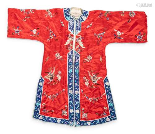 A Chinese Red Ground Embroidered Silk Lady's Robe