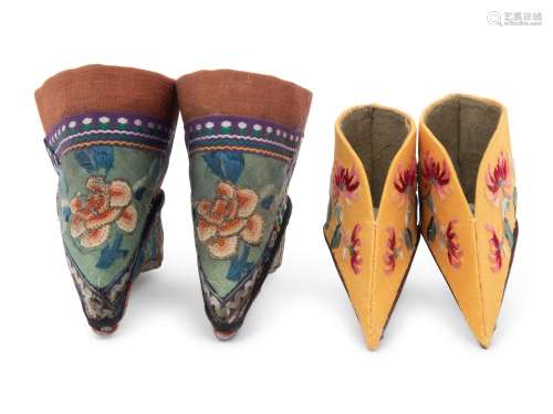 Two Pairs of Chinese Embroidered Lady's 'Lotus' Shoes