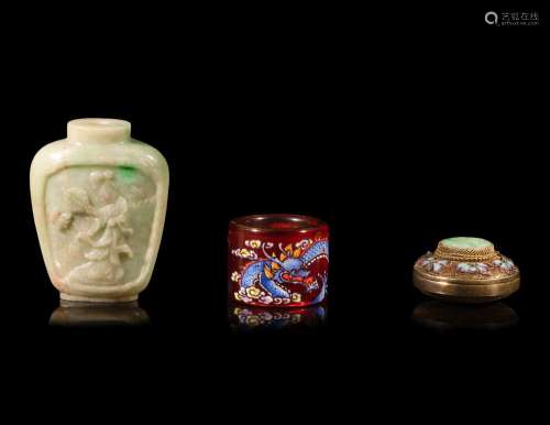 Three Chinese Jadeite and Peking Glass Articles