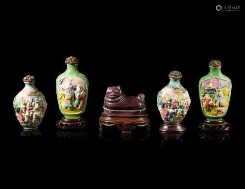 Four Chinese Famille Rose Porcelain Snuff Bottles and A Aube...