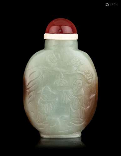 A Chinese Russet and Celadon Jade Snuff Bottle
