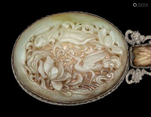 A Chinese White and Russet Jade Inset Hand Mirror and French...
