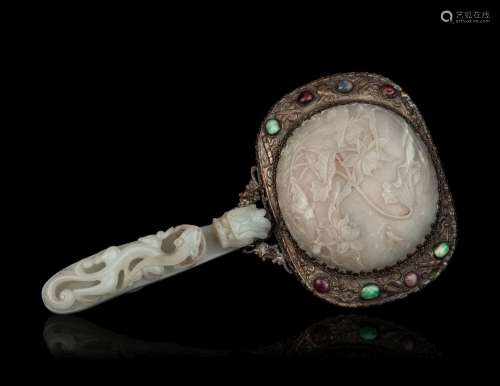 A Chinese Celadon and White Jade-Mounted Silver Hand Mirror