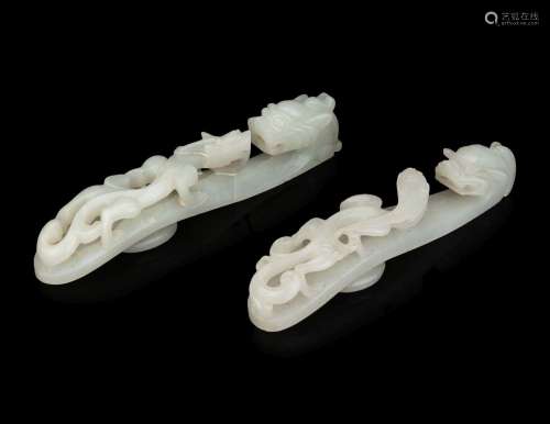 Two Chinese Carved Celadon Jade 'Chilong' Belt Hooks