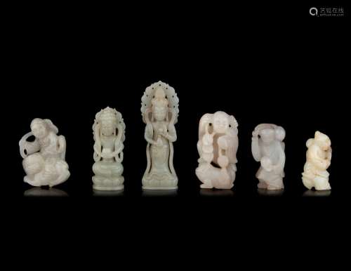 Six Chinese Pale Celadon Jade Figures