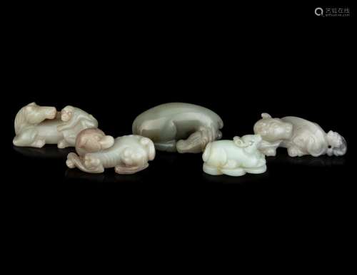 Five Chinese Carved Celadon Jade Figures of Recumbent Animal...