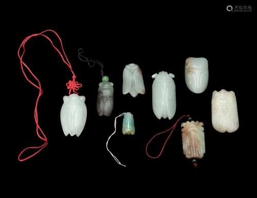 Eight Chinese Jade and Jadeite Cicada-Form Pendants