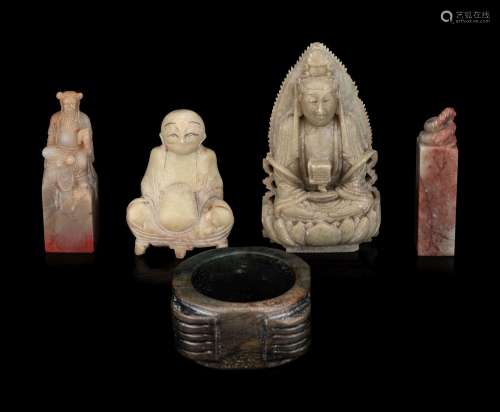 Five Chinese Soapstone and Hardstone Carvings