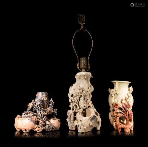 Three Chinese Carved Soapstone 'Flower' Vases