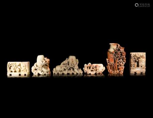 Six Chinese Carved Soapstone Vase Groups