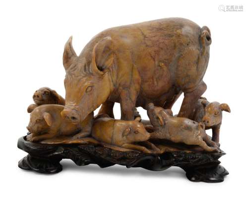 A Chinese Carved Soapstone Figure of Pig and Piglets