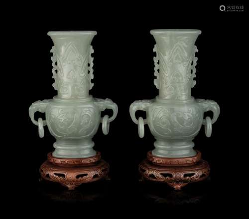 A Pair of Chinese Nephrite Double-Handle Vases