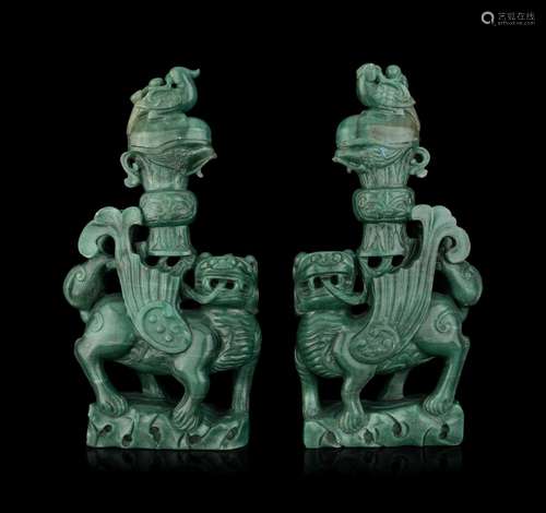 A Pair of Chinese Green Hardstone Mythical Beast-Form Covere...