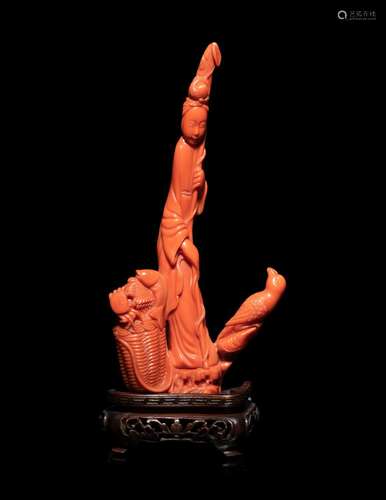 A Chinese Carved Red Coral Figure of A Female Immortal