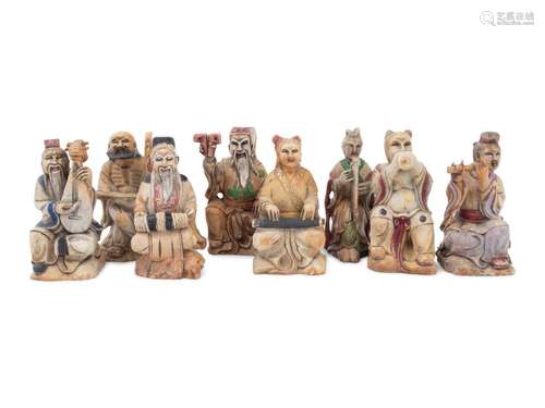 A Set of Eight Chinese Painted Soapstone Figures of Daoist I...