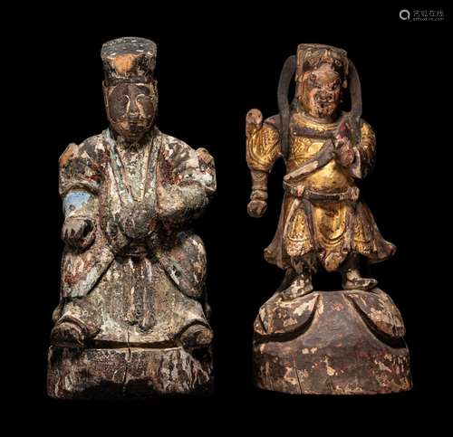 Two Chinese Carved Wood Figures of Guardians