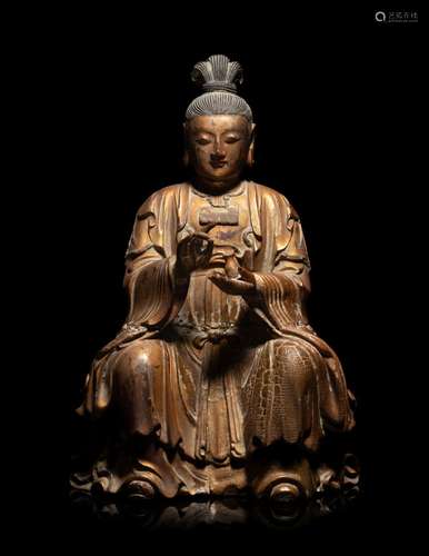 A Chinese Gilt Lacquered Wood Figure of Guanyin