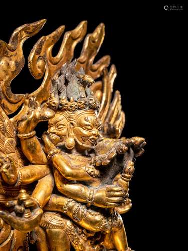 A Sino-Tibetan Gilt Bronze Figure of Hayagriva