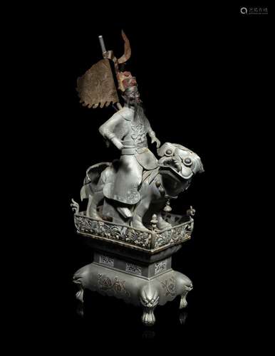 A Chinese Pewter Figural Group of Guan Gong