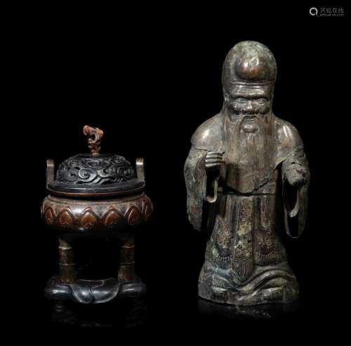 A Chinese Silver Figure of Shoulao and A Chinese Bronze Ince...