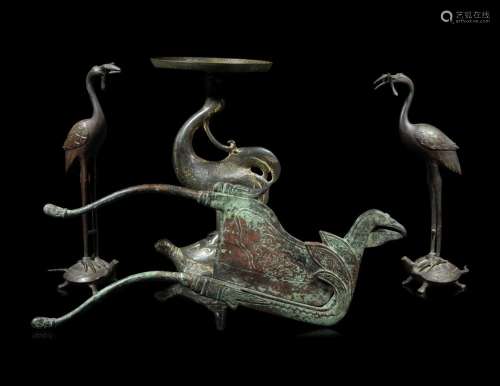 Four Chinese Bronze 'Crane' Articles