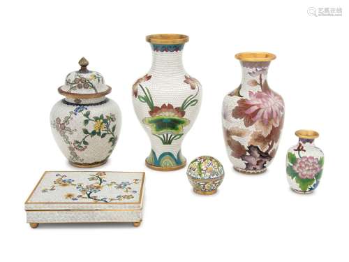 Six Chinese White Ground Cloisonné Enamel Articles