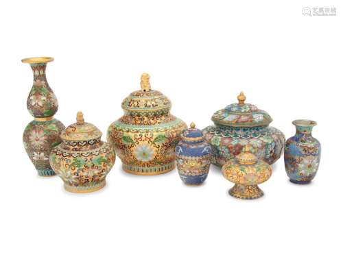 Seven Chinese Cloisonné Enamel Gold Ground Vessels